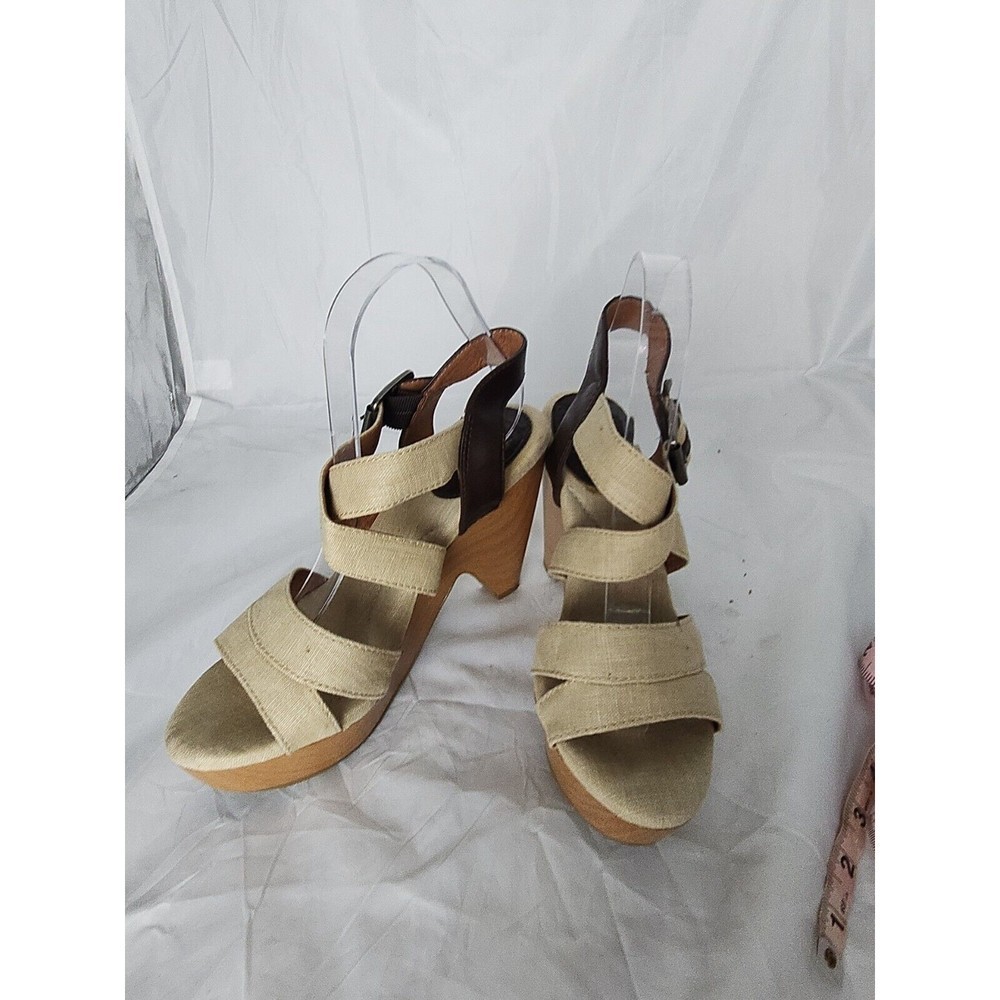 Women’s Lucky Brand Shoes Strappy Sandals wood Heels Brown tan‎ textile Size 7.5